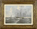Joseph Sipkes, Schoener langs kustlijn, Olieverf op paneel