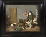 L. Laublin?, Interieur met dames die bang zijn voor een muis, Olieverf op linnen