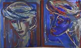 Twee-luik van Lilian Luiten, 2 Dames portretten, Acryl op linnen