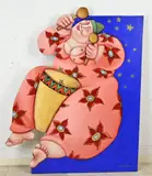 Curvy vrouw speelt op trommel by Beschilderd houten figuur door Ada Breedveld, Olieverf op paneel, offered Jun 2026