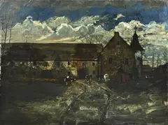 Albertus Gerhard Hulshoff Pol, Boerderij met uitlopende koeien, Olieverf op linnen