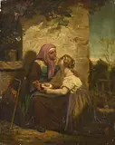 19e Eeuws schilderij, Oude vrouw krijgt eten, Olieverf op paneel