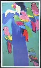 Walasse Ting, Vrouw met tropische vogels, Offset op papier