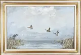 C. Hoffman, Opvliegende eenden bij kust, Olieverf op linnen