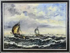 Zeegezicht met platbodems by Wim Bos, Olieverf op linnen, offered Jun 2026