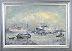 Joop Molenaar, Havengezicht Rotterdam, Olieverf op linnen