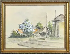 M. de Jongere, Boerderij met bloesemboom, Gemengde techniek op papier