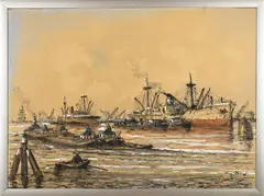 Havengezicht Rotterdam by Wim Bos, Gemengde techniek op papier, offered Jun 2026