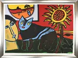 Litho Corneille, Kat met zonnebloem, Grote lithografie op linnen