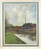 H.M. Bijl, Dorpsgezicht met skûtsje, Olieverf op board