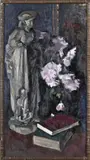 Pol Dom, Beeld, boeken en bloemen, Olieverf op linnen