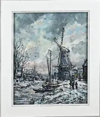 Win L. Van Dijk, Hollands winterlandschap, Olieverf op linnen