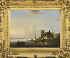 Egide Linnig, Hollandse haven met vissersvolk, Olieverf op paneel