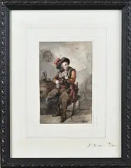 Hubertus van Hove, 17e Eeuws figuur in taveerne, Aquarel op papier