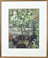 Frida Holleman, Bloempotten met planten, Aquarel op papier