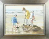 E. Haines, Spelende kinderen op strand, Olieverf op linnen