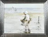 J. Lefort, Meisje op strand, Olieverf op linnen