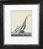 18e - 19e Eeuws Hollandse sepia met platbodem, Platbodem, Sepia op papier