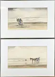 2x Monogram V., 2x Strandgezicht, Aquarel op papier