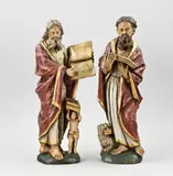 2x Evangelisch houten figuur, H 40 - 41 cm., Twee 18e eeuws houtgestoken evangelische figuren van eikenhout, met originele polychromie + goud decor