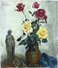 Vaas met rozen en beeld by Piet van Wijngaerdt, Olieverf op linnen, offered Jan 2026