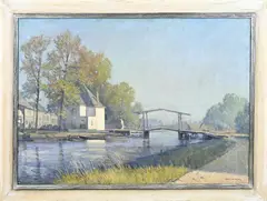 Josef Verheijen, Hollands riviergezicht met ophaalbrug, Olieverf op linnen