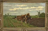 G.J. Overbeek, Ploegende boer met paardenspan, Olieverf op linnen