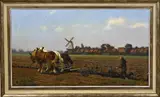 G.J. Overbeek, Ploegende boer met paardenspan, Olieverf op linnen