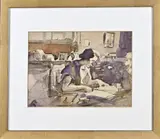 H. van Leeuwen - van Oudewater, Interieur met lezende vrouw, Aquarel op papier