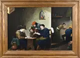 Gesigneerd schilderij, Naar Teniers, Olieverf op linnen