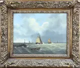 P. Sterkenburg, Hollands zeegezicht met platbodems, Olieverf op linnen