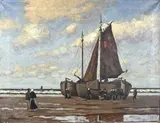 Adolf Hilgers, Bomschuiten met vissersvolk, Olieverf op linnen
