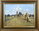 Henri van Os-Delhez, Dorpsgezicht met korenschoven, Olieverf op linnen