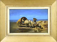 Italiaanse School, Figuren aan strand met kar, Olieverf op paneel