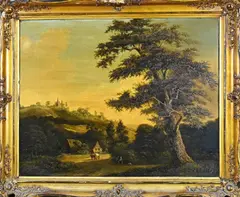 Ongesigneerd? 19e Eeuw, Berglandschap met huis en figuren, Olieverf op paneel