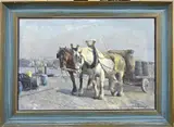 H.P. Groen, Paardenkar met vaten op kade, Olieverf op schilderskarton
