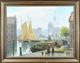 Van de Wiel, Hollandse haven met bloemenmarkt, Olieverf op linnen