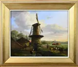 A.A. de Meijier, Landschap met molen, figuren en vee
