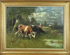 Landschap met koeien en herderin by Willem Frederik Hulk, Olieverf op linnen, offered Oct 2025