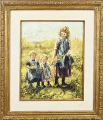 Kinderen met bloemen by E. van Bommel, Olieverf op paneel, offered Oct 2025