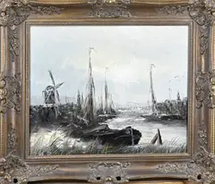 P. Breeveld, Hollands riviergezicht met boten, Olieverf op linnen