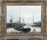 P. Breeveld, Hollands riviergezicht met boten, Olieverf op linnen