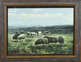 J.H. Hoedt, Landschap met schapen en herder, Aquarel op papier