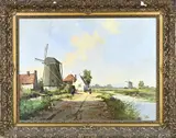 W. Menis, Hollands landschap met molens, Olieverf op linnen
