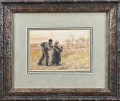 Bernard Blommers, Boeren paar op zandpad, Aquarel op papier