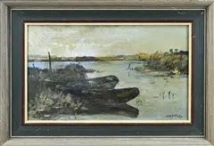 W.A. Knip, Plasgezicht met roeiboten, Olieverf op linnen