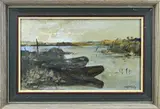 W.A. Knip, Plasgezicht met roeiboten, Olieverf op linnen