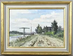 J.H. Coster, Hollands landschap met ophaalburg en boerderij, Olieverf op linnen