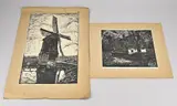 Twee werken van Emile Dehé, Boerenhuis + Windmolen, 1x Boerenhuis aan het water, houtsnede op rijstpapier