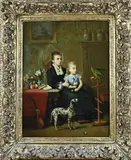 Francois Jacobs, Chique interieur met moeder, kind, papegaai en Dalmatiër, Olieverf op paneel